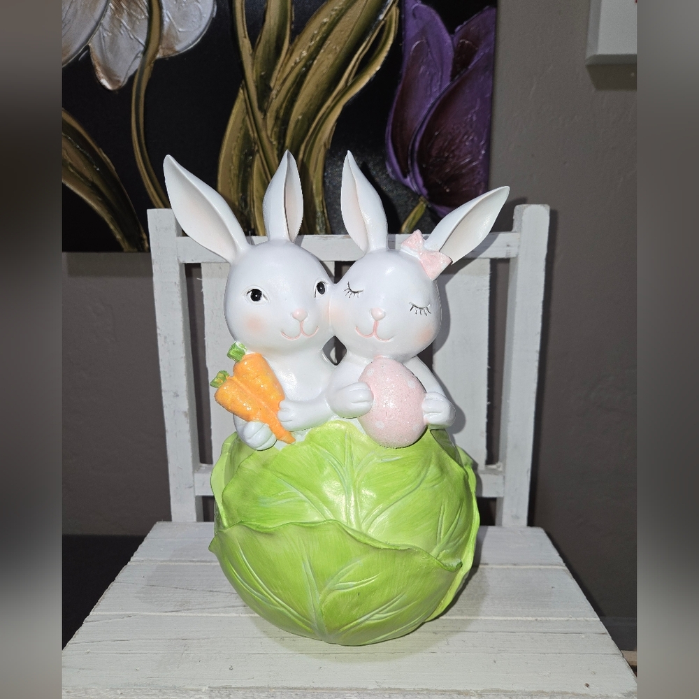Bunnies Sitting In Cabbage Easter Bunny Couple